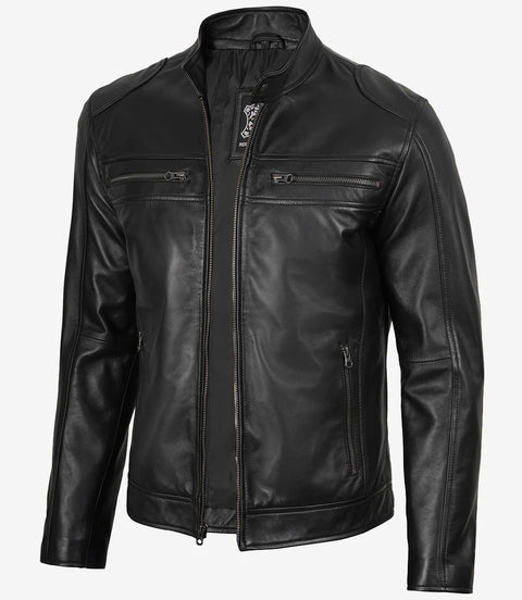 Men’s Classic Black Lambskin Cafe Racer Leather Jacket