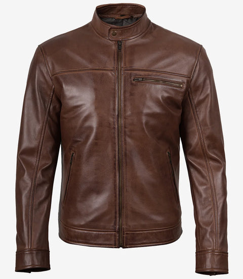 Bickford Men's Cognac Brown Real Leather Biker Jacket