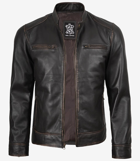 Dodge Men's Rub-off Dark Brown Leather Jacket — Cafe Racer Style