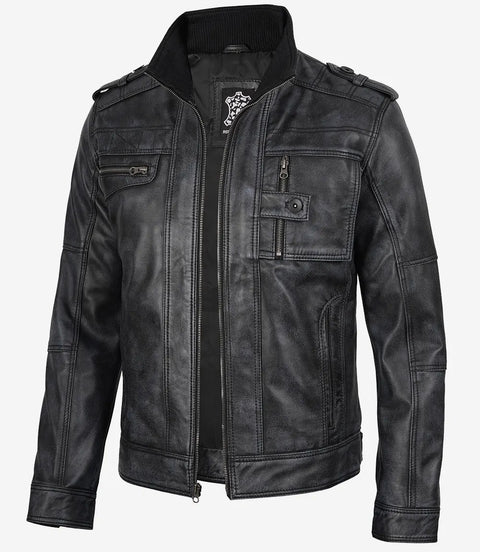 Tavares Men's Distressed Black Leather Biker Fashion Jacket
