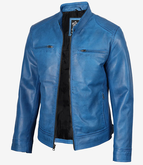 Dodge Mens Cafe Racer Blue Leather Jacket