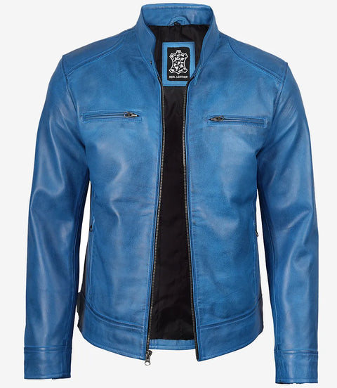 Dodge Mens Cafe Racer Blue Leather Jacket