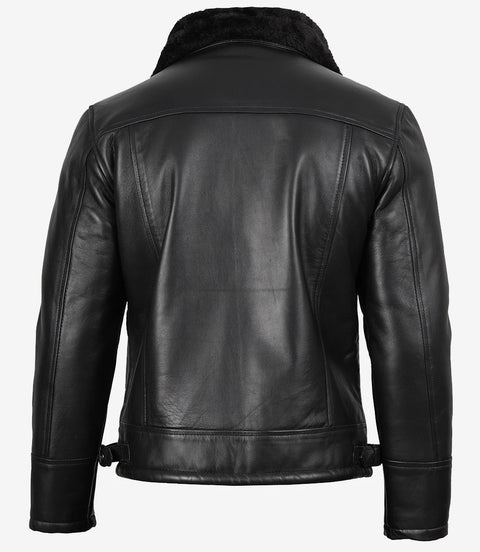 Men's Black Shearling Leather Bomber Jacket - Winter Jacket