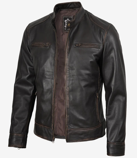 Dodge Men's Rub-off Dark Brown Leather Jacket — Cafe Racer Style