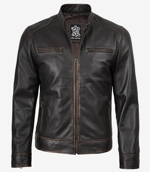 Dodge Men's Rub-off Dark Brown Leather Jacket — Cafe Racer Style