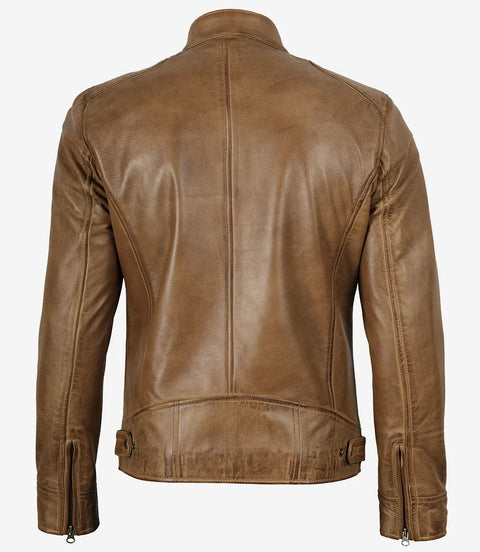 Dodge Men's Camel Leather Cafe Racer Jacket