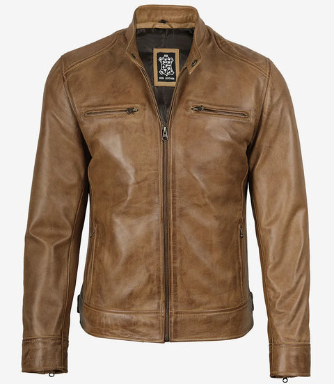 Dodge Men's Camel Leather Cafe Racer Jacket