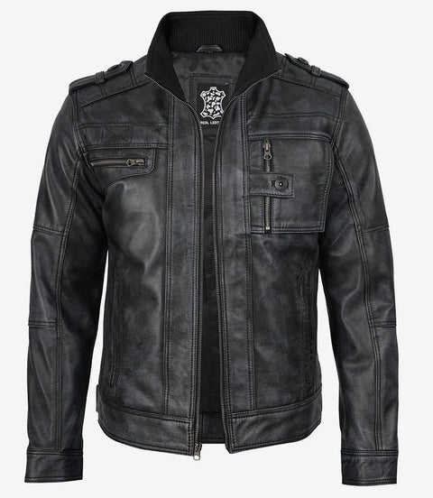 Tavares Men's Distressed Black Leather Biker Fashion Jacket