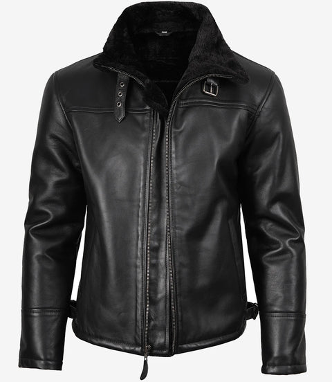 Men's Black Shearling Leather Bomber Jacket - Winter Jacket