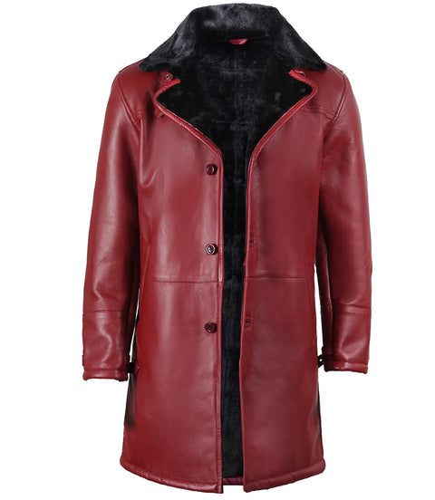 Men's Burgundy Leather with Black Shearling Long Coat