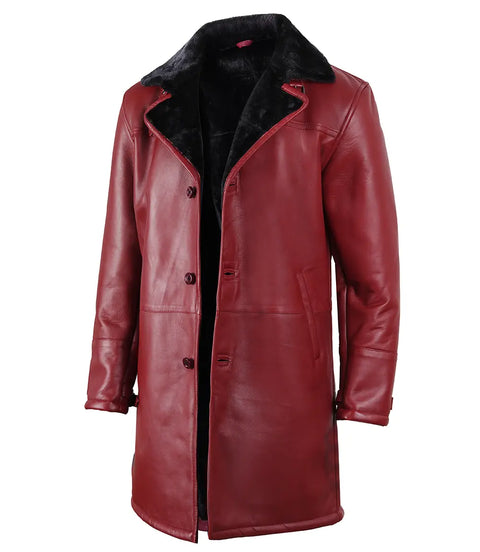 Men's Burgundy Leather with Black Shearling Long Coat