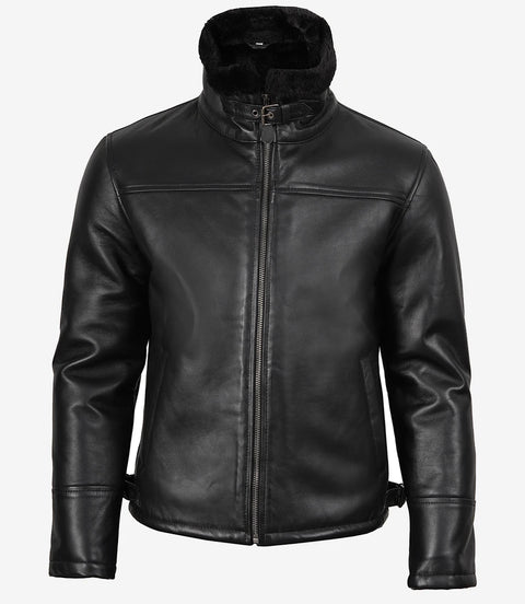 Men's Black Shearling Leather Bomber Jacket - Winter Jacket