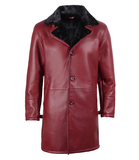 Men's Burgundy Leather with Black Shearling Long Coat