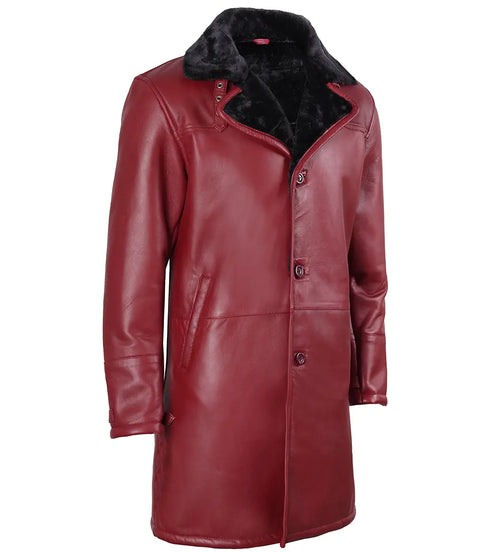 Men's Burgundy Leather with Black Shearling Long Coat