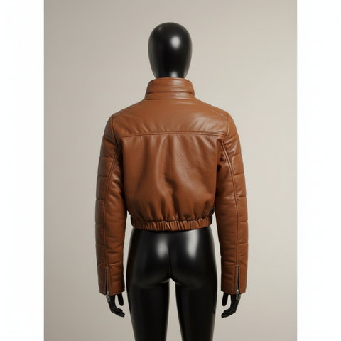Women’s Brown Genuine Leather Cropped Puffer Jacket – High Neck Winter Bomber