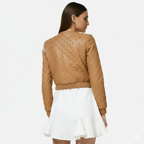Beige Quilted Lambskin Leather Biker Jacket - Studded Bomber Coat