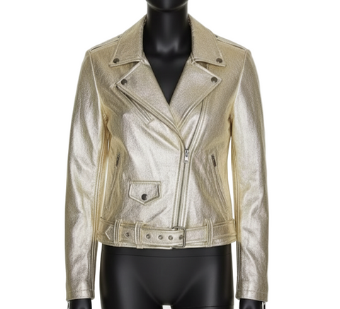 Women's Metallic Gold Foil Leather Biker Jacket - Hand-Stitched