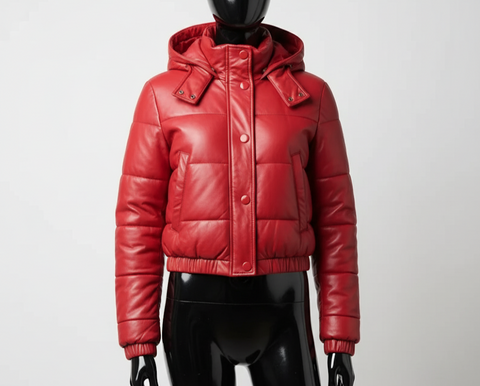 Women’s Red Genuine Leather Cropped Puffer Jacket – Hooded Quilted Winter Coat with Snap Buttons