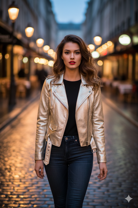 Women's Metallic Gold Foil Leather Biker Jacket - Hand-Stitched