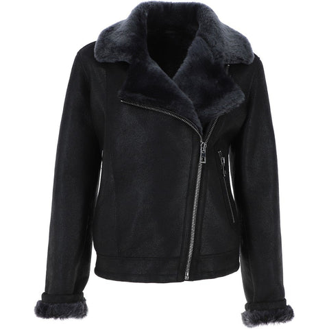 Womens Luxury Shearling Aviator Jacket Black