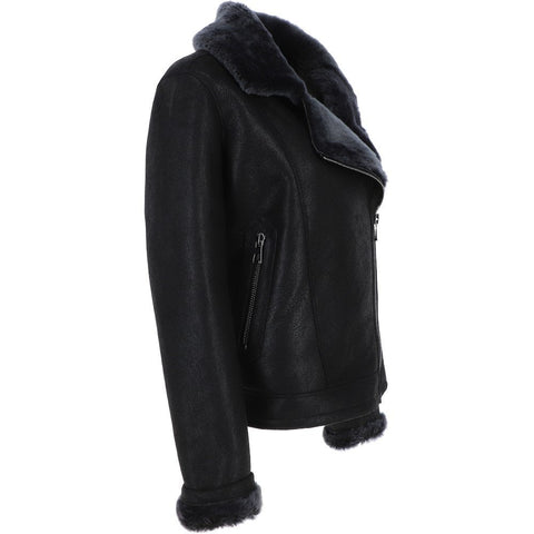 Womens Luxury Shearling Aviator Jacket Black