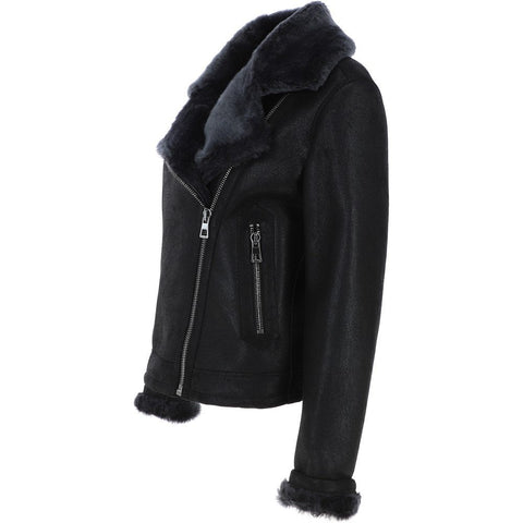 Womens Luxury Shearling Aviator Jacket Black