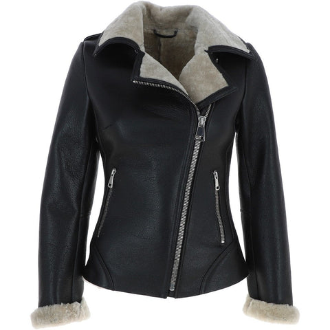 Womens Luxury Shearling Jacket Black/cream