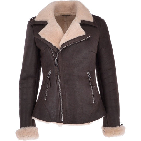 Womens Luxury Shearling Jacket Brown/Cream