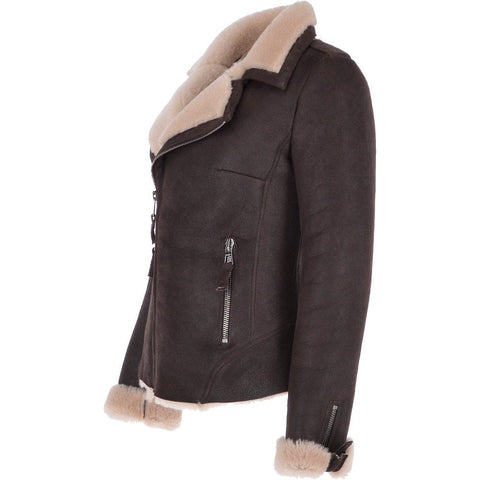 Womens Luxury Shearling Jacket Brown/Cream