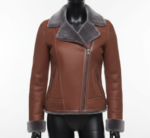 Brown leather jacket with gray fur collar and cuffs on a mannequin against a white background