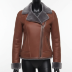 Brown leather jacket with gray fur collar and cuffs on a mannequin against a white background