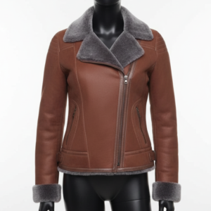 Brown leather jacket with gray fur collar and cuffs on a mannequin against a white background