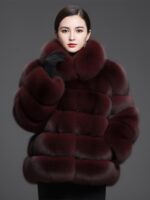 Burgundy Fox Fur Jacket  Oversized Collar Luxury Winter Coat - Image 2