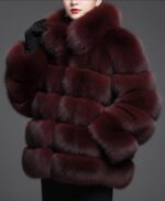 Burgundy Fox Fur Jacket  Oversized Collar Luxury Winter Coat - Image 4