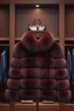 Burgundy Fox Fur Jacket  Oversized Collar Luxury Winter Coat - Image 5
