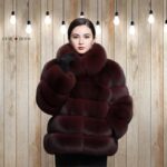 Burgundy Fox Fur Jacket  Oversized Collar Luxury Winter Coat