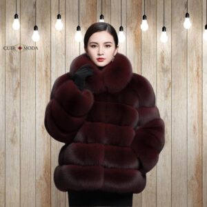 Burgundy Fox Fur Jacket  Oversized Collar Luxury Winter Coat