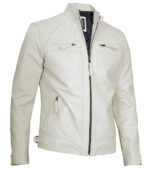 Classic Men's Off White Real Leather Cafe Racer Jacket - Image 5