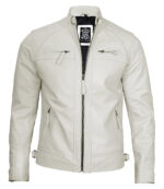 Classic Men's Off White Real Leather Cafe Racer Jacket - Image 4