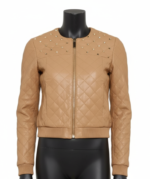 Beige Quilted Lambskin Leather Biker Jacket - Studded Bomber Coat