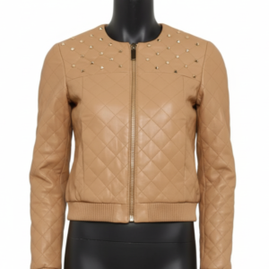 Beige Quilted Lambskin Leather Biker Jacket – Studded Bomber Coat