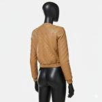 Beige Quilted Lambskin Leather Biker Jacket - Studded Bomber Coat - Image 2