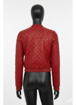 Red Quilted Lambskin Leather Biker Jacket - Studded Bomber Coat - Image 2