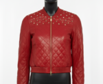 Red Quilted Lambskin Leather Biker Jacket - Studded Bomber Coat