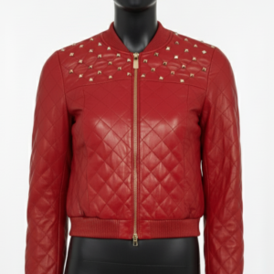 Red Quilted Lambskin Leather Biker Jacket – Studded Bomber Coat