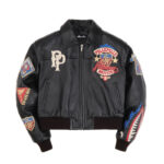 Pelle Pelle American Bruiser Black Leather cropped jacket womens Bomber Jacket - Front view with patches & logos