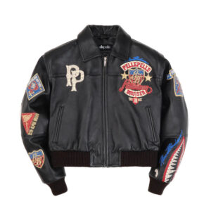 Pelle Pelle American Bruiser Black Leather cropped jacket womens Bomber Jacket - Front view with patches & logos