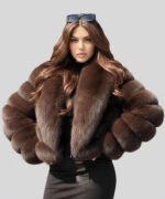 Women’s Brown Fox Fur or Faux Fur Cropped Bubble Jacket - Image 4