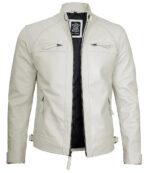 Classic Men's Off White Real Leather Cafe Racer Jacket