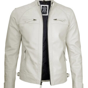 Classic Men’s Off White Real Leather Cafe Racer Jacket